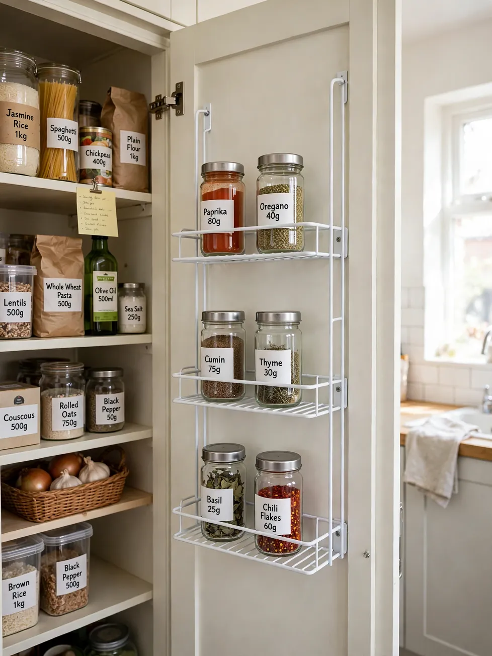 Wire racks mounted inside a pantry door holding labeled spice jars