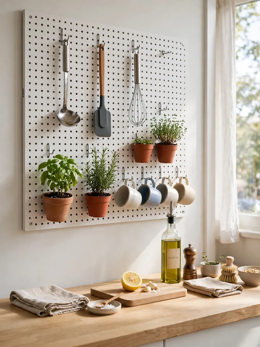 White pegboard on a kitchen wall holding utensils, cups, and small potted herbs