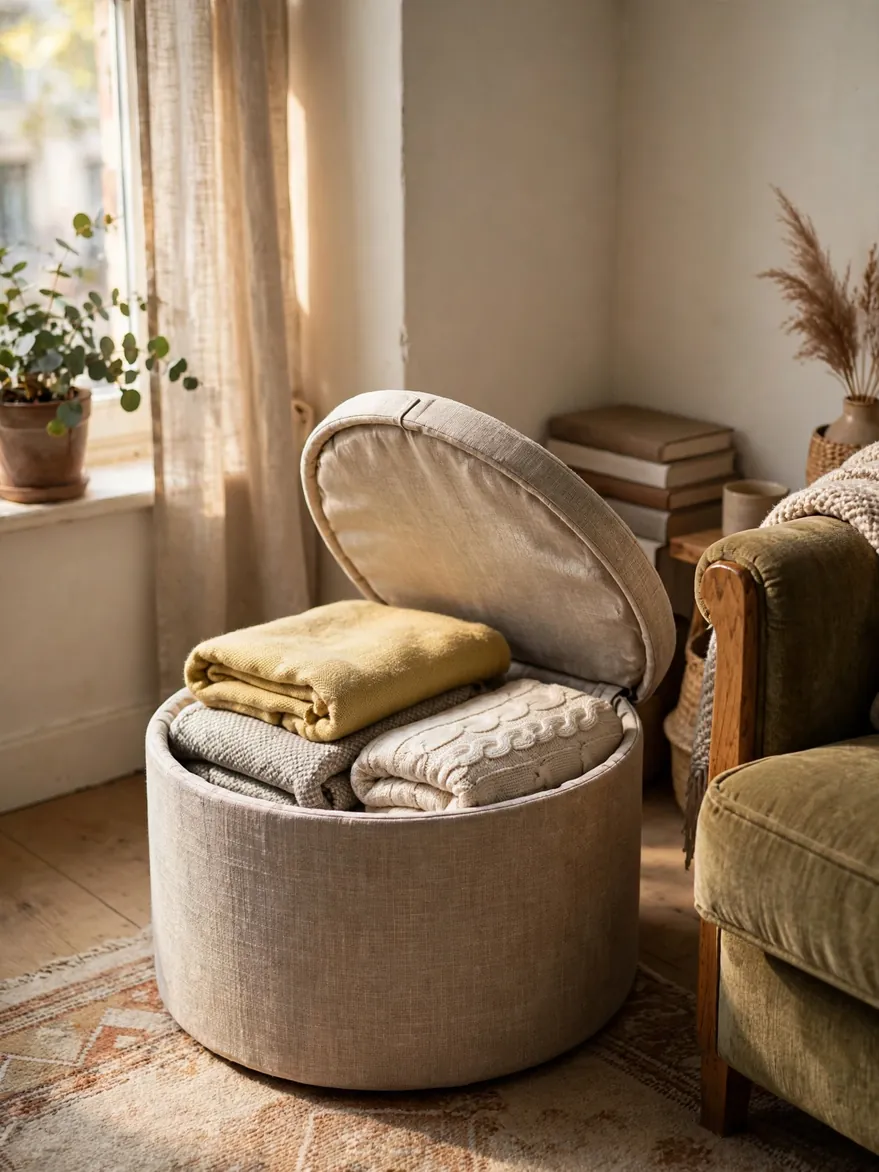 Round storage ottoman with open lid revealing folded throw blankets