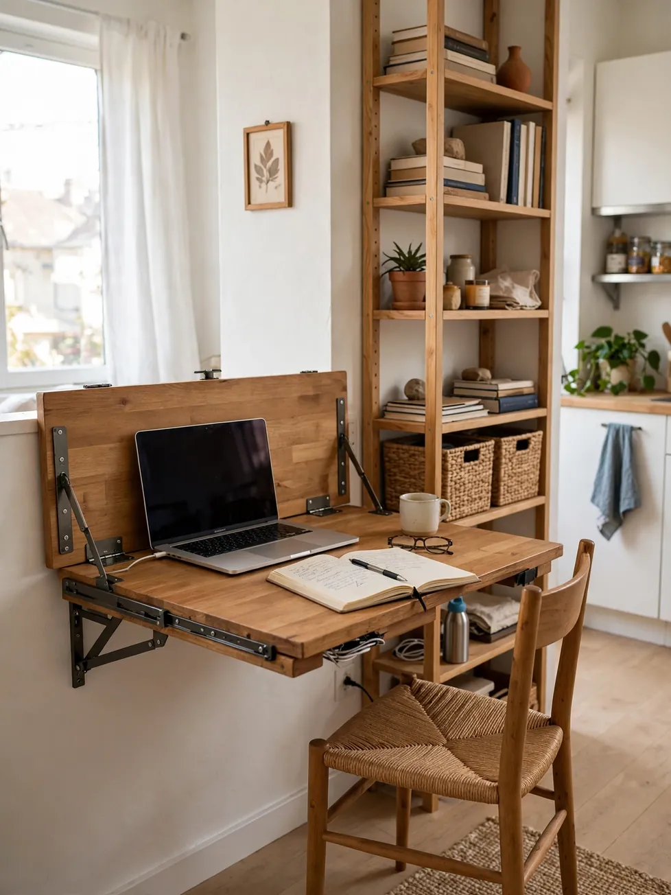 Fold-down wall-mounted desk in open position in a studio apartment