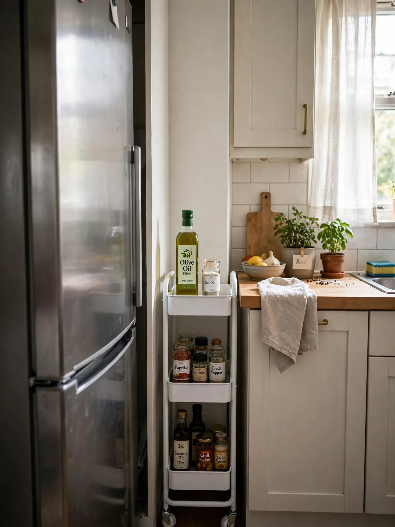 Slim rolling cart in the gap between fridge and counter holding labeled bottles