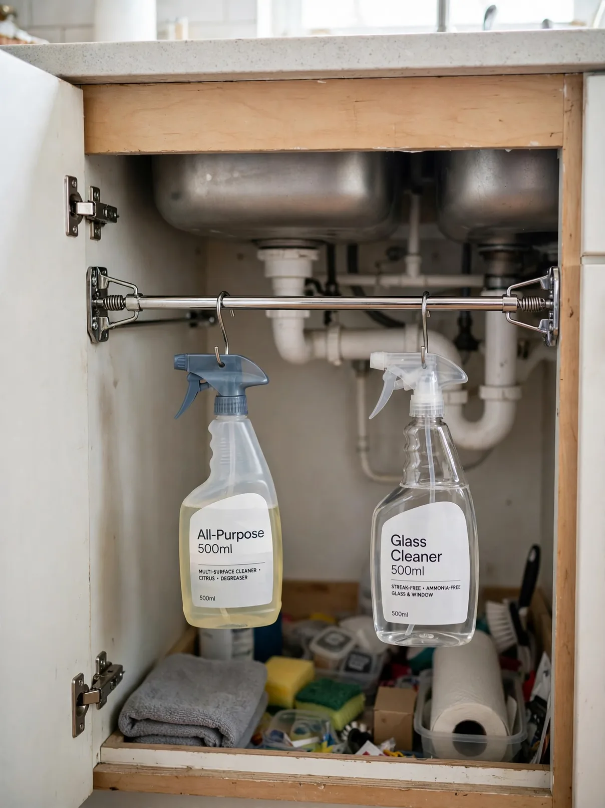 Tension rod inside an under-sink cabinet holding labeled spray bottles
