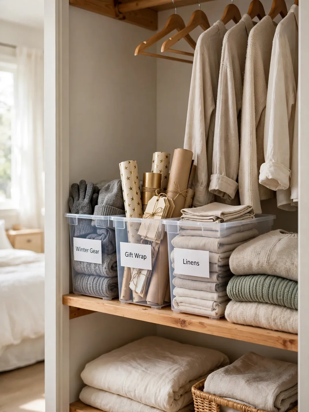 Stackable clear bins with printed labels on a closet shelf