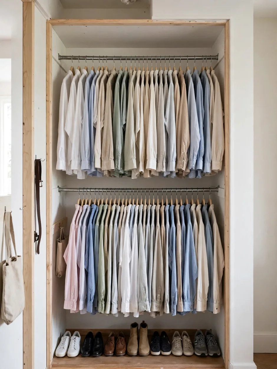 Reach-in closet with double hanging rods full of shirts
