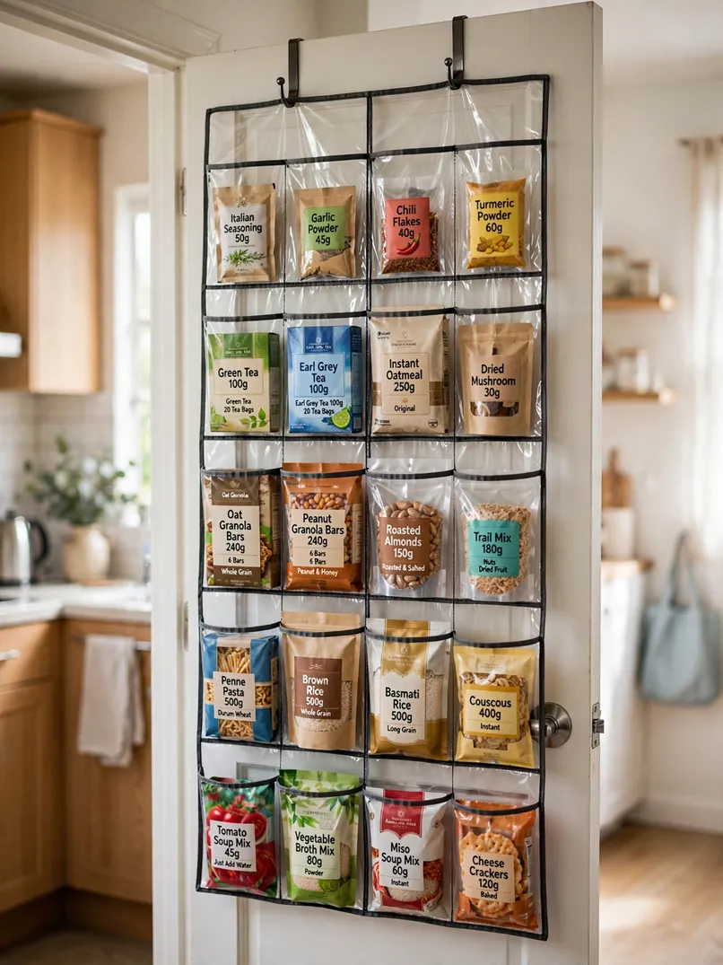 Clear over-the-door shoe organizer repurposed for pantry packets on a closet door