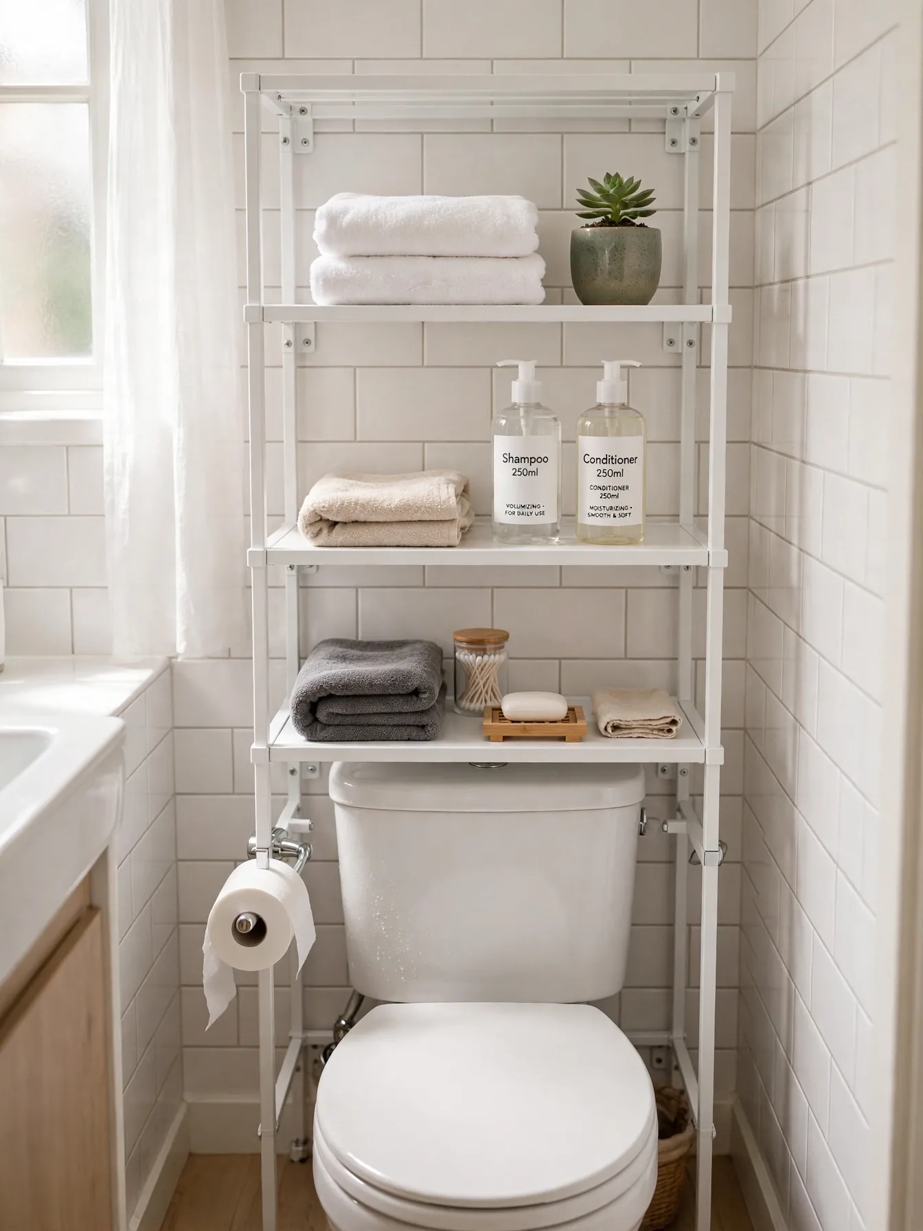 White over-the-toilet etagere with folded towels and labeled toiletry bottles