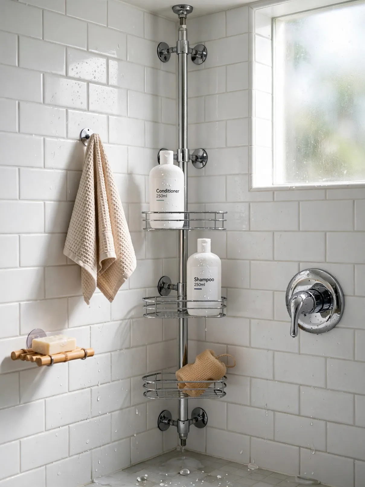 Tension-pole corner shower caddy holding labeled shampoo bottles