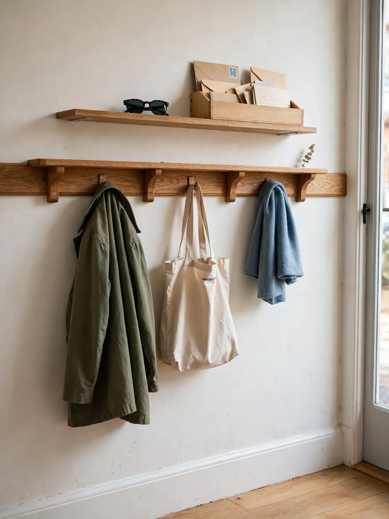 Oak wall hook rail with coats and bags and a floating shelf above in an entryway