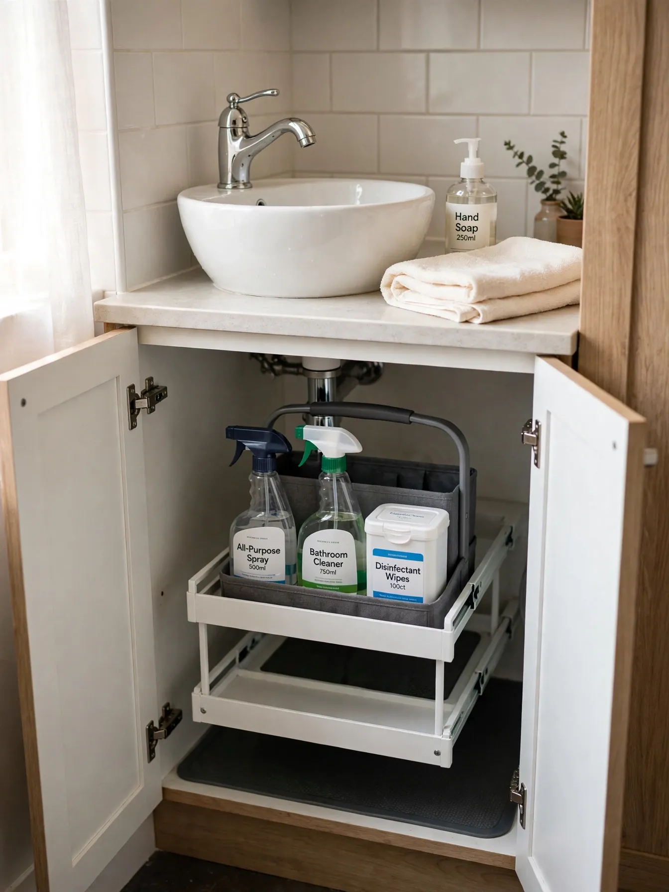 Two-tier pull-out organizer with cleaning caddy under a bathroom sink