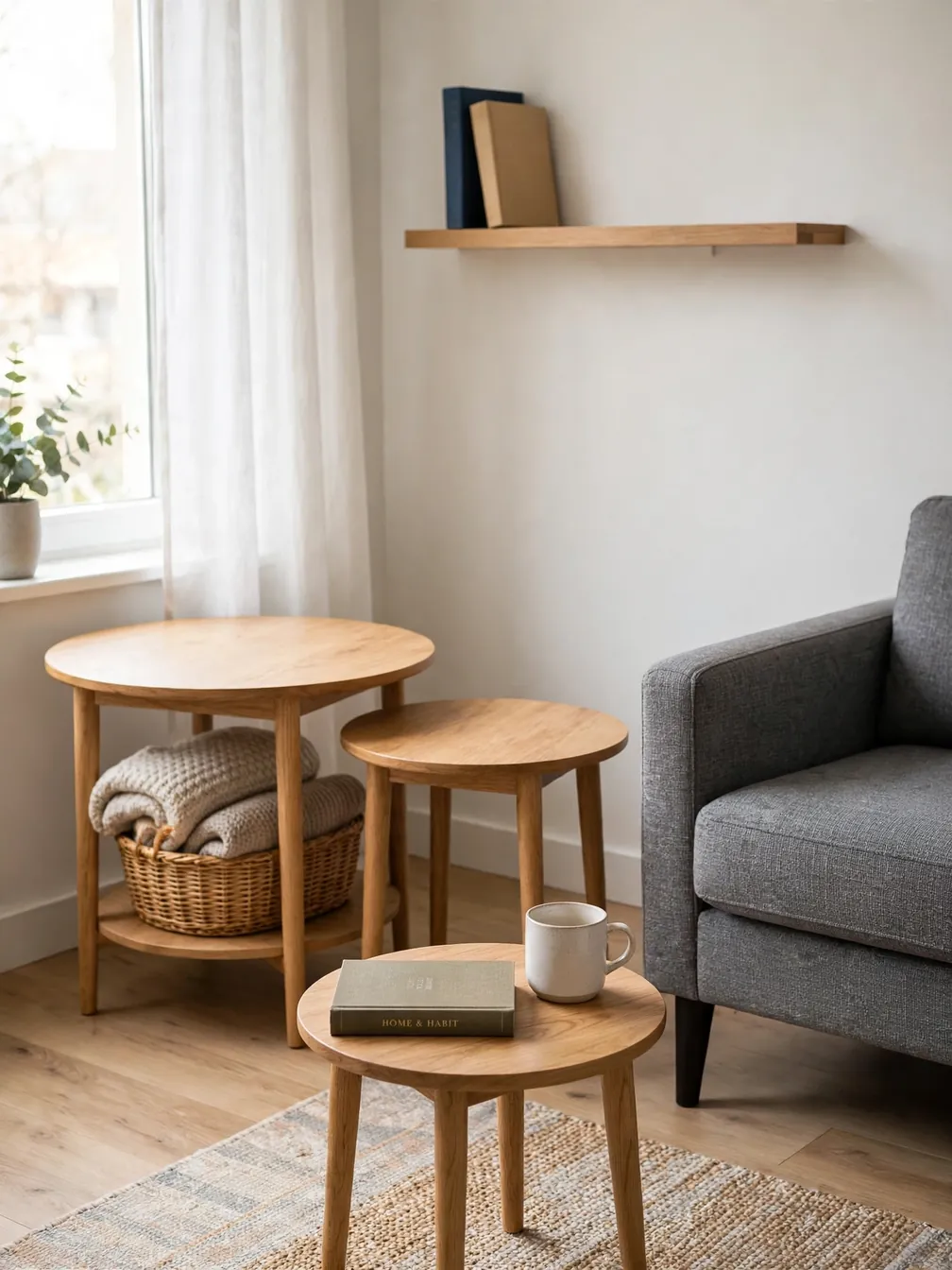 Nesting wooden side tables with storage shelf in a living room