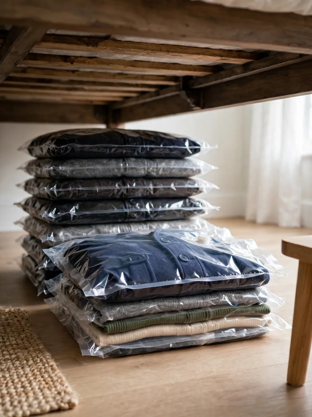 Compressed vacuum storage bags with winter coats stored under a bed