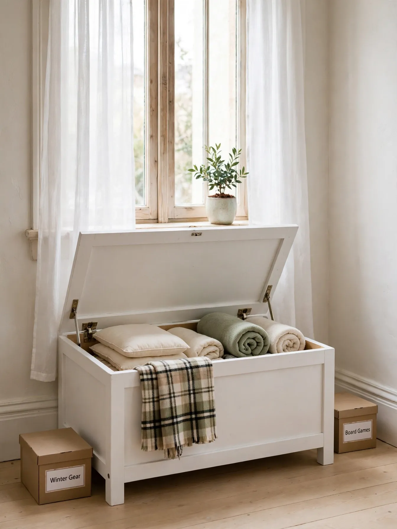 Window seat storage bench with open lid revealing folded cushions