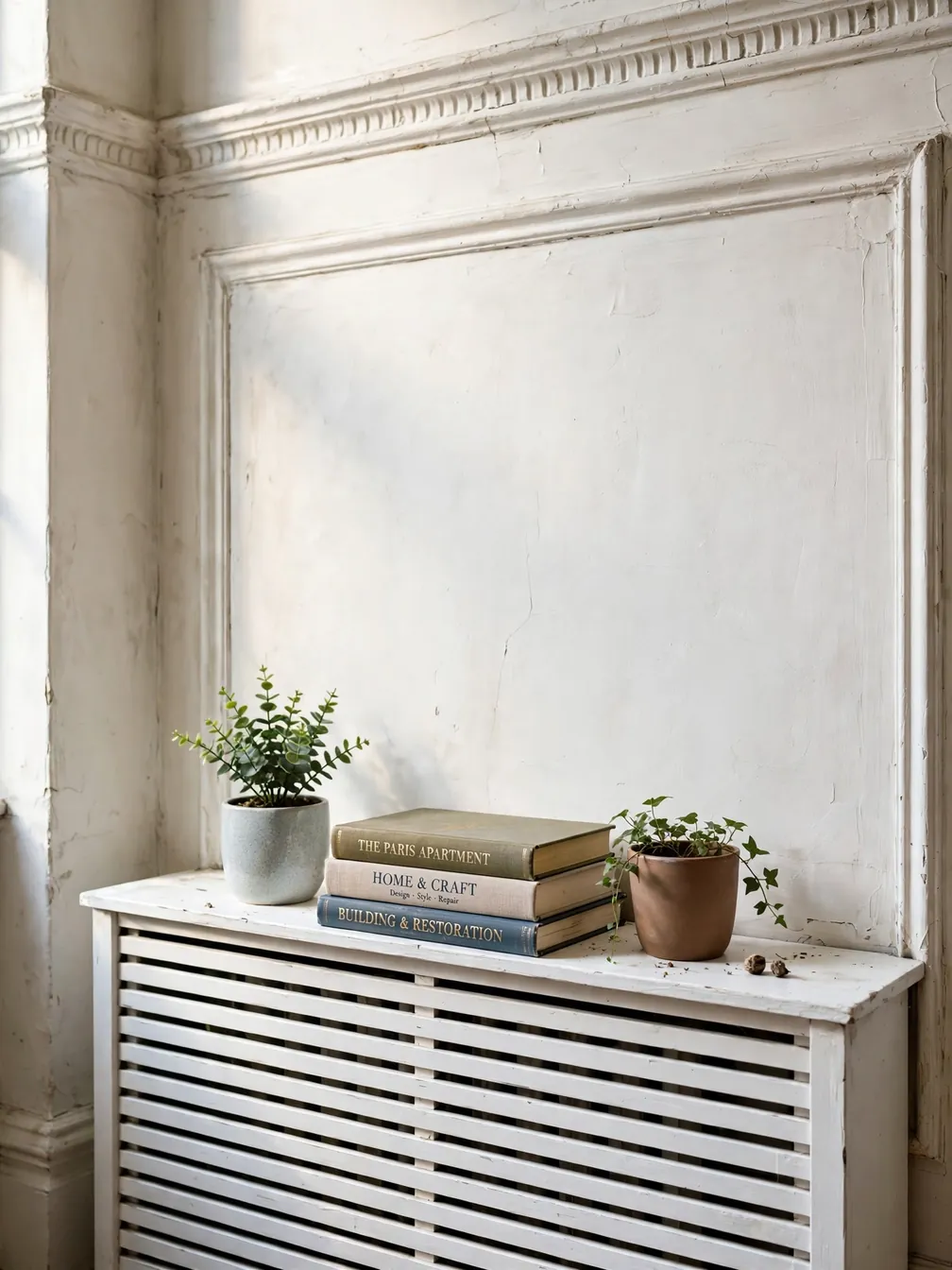 Slatted radiator cover used as a console shelf with plants and books