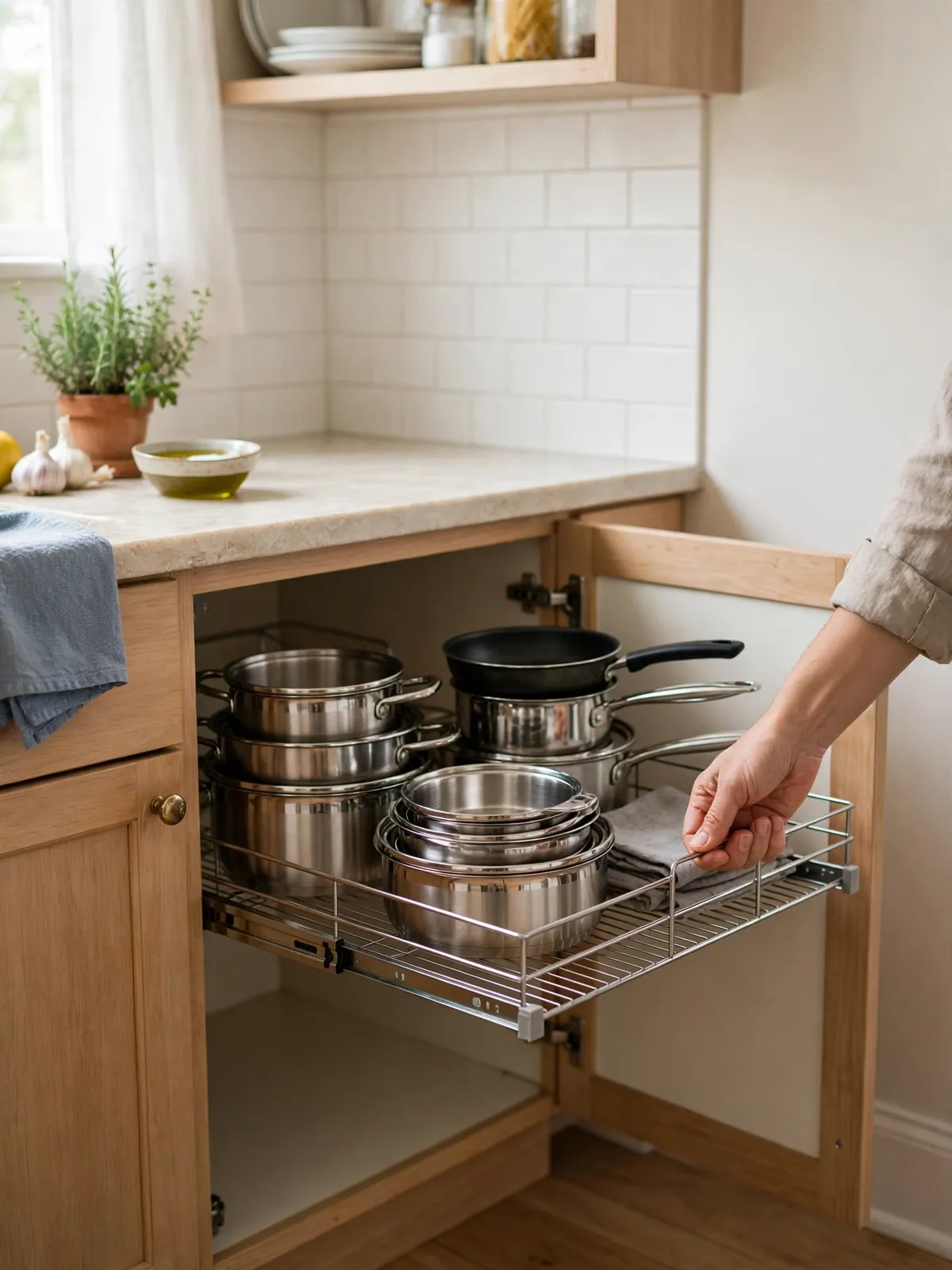 Pull-out wire shelf extended from a kitchen base cabinet holding pots