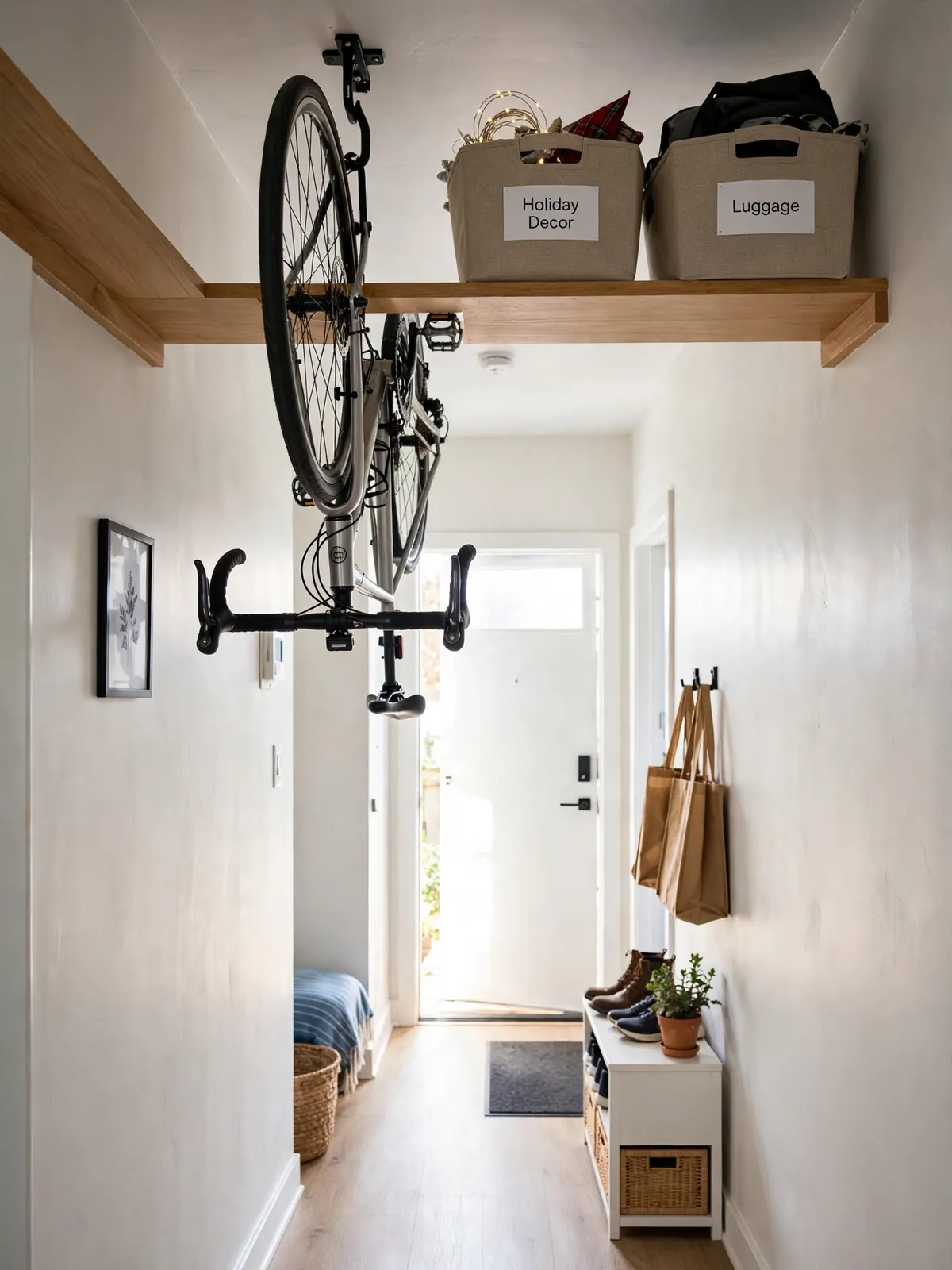 High wall-mounted shelves with labeled bins and a bike on a ceiling hook