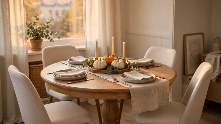 Small apartment Thanksgiving table ideas: warm holiday table set for four in a small dining corner