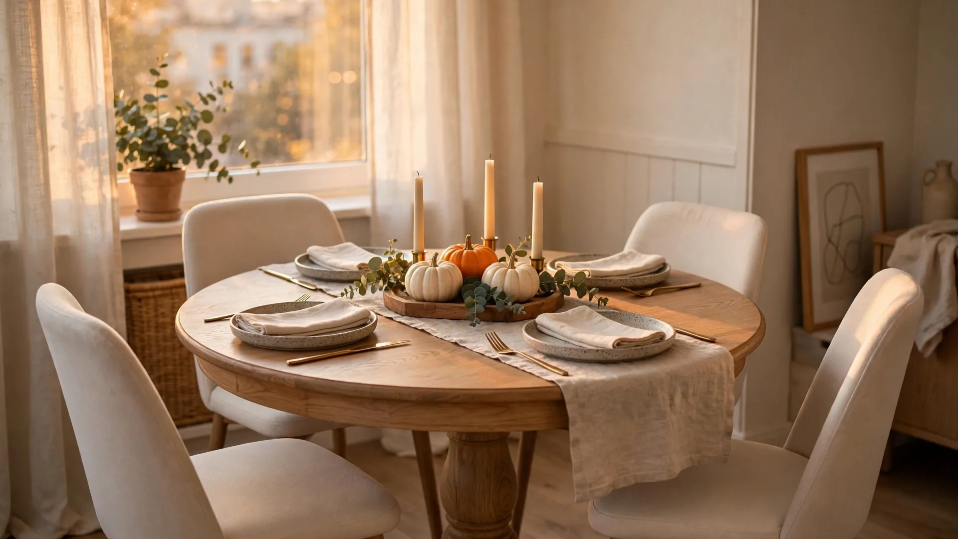 Small apartment Thanksgiving table ideas: warm holiday table set for four in a small dining corner