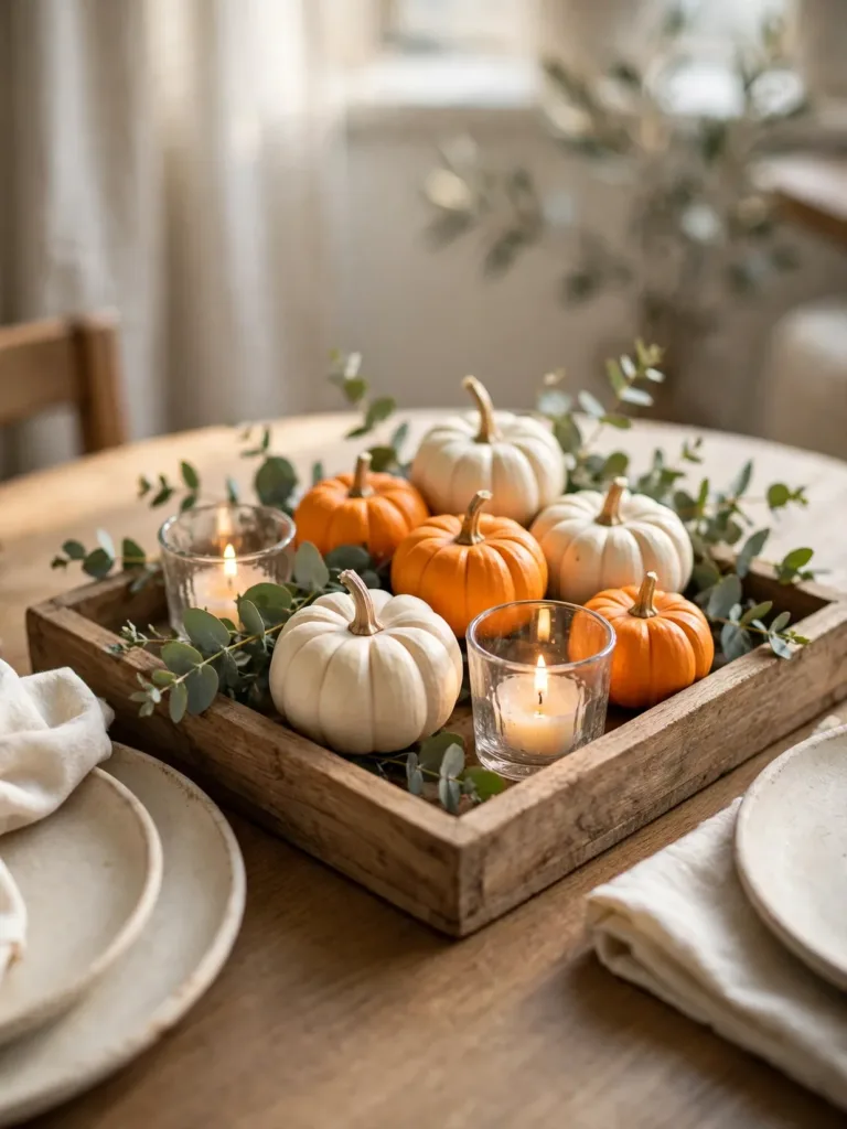 Low tray centerpiece with mini pumpkins and eucalyptus on a small Thanksgiving table