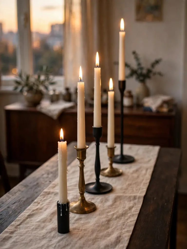 Slim taper candles in brass holders down the center of a small Thanksgiving table