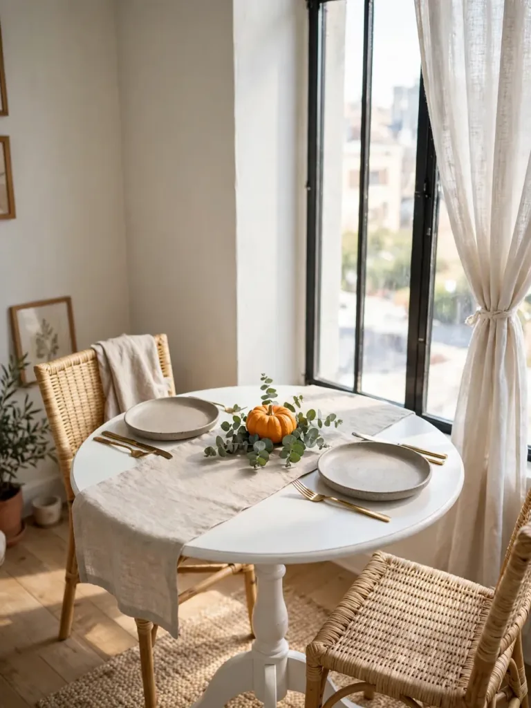 Narrow linen runner across a small round dining table set for Thanksgiving