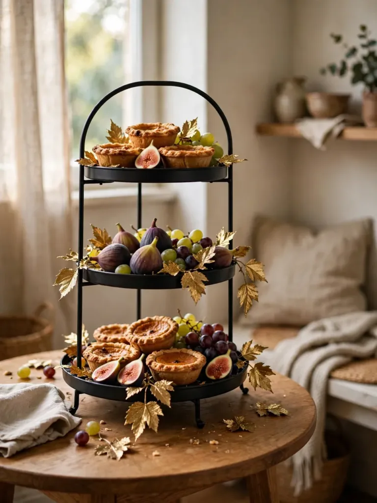 Tiered stand holding desserts and small pumpkins as a Thanksgiving centerpiece