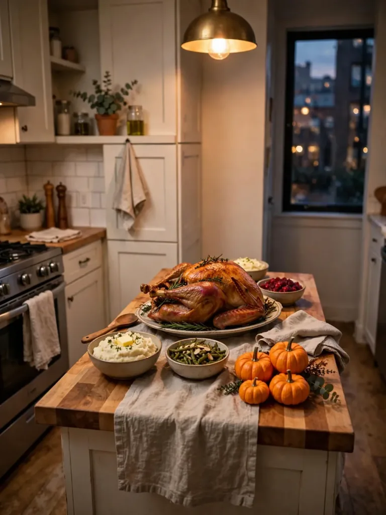 Kitchen island styled as a Thanksgiving serving station in a small apartment