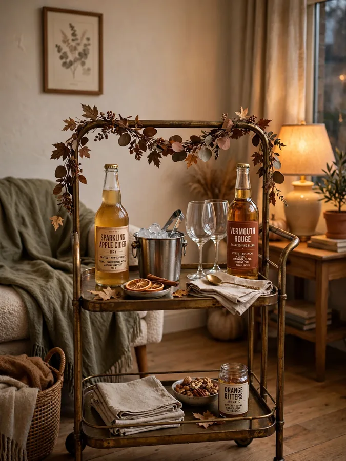 Bar cart styled as a Thanksgiving drinks station with glasses and bottles