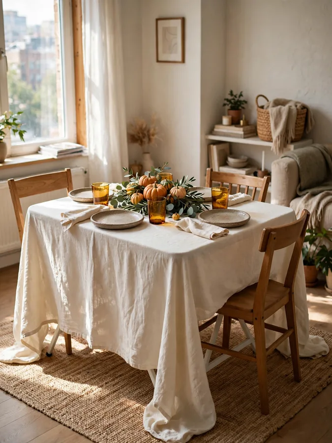 Folding table dressed with linens and set for a Thanksgiving dinner