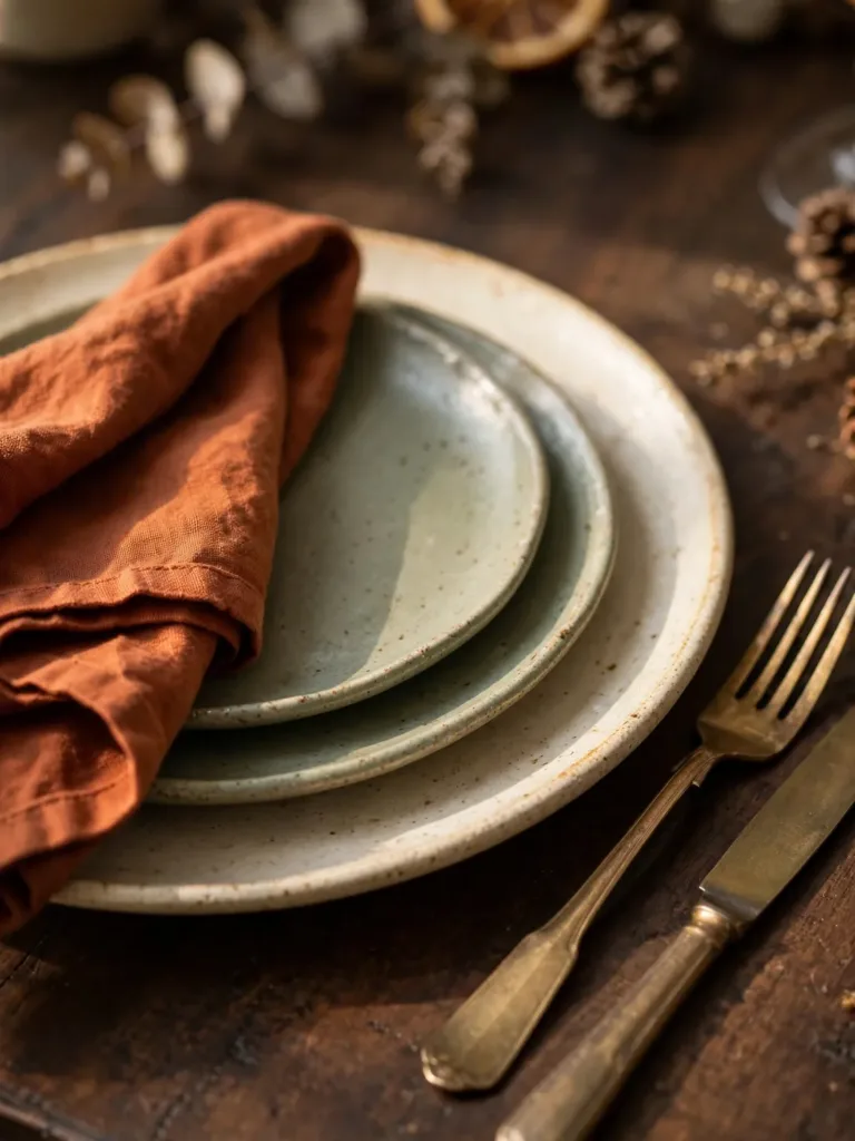 Mismatched stoneware plates styled into a cohesive Thanksgiving place setting