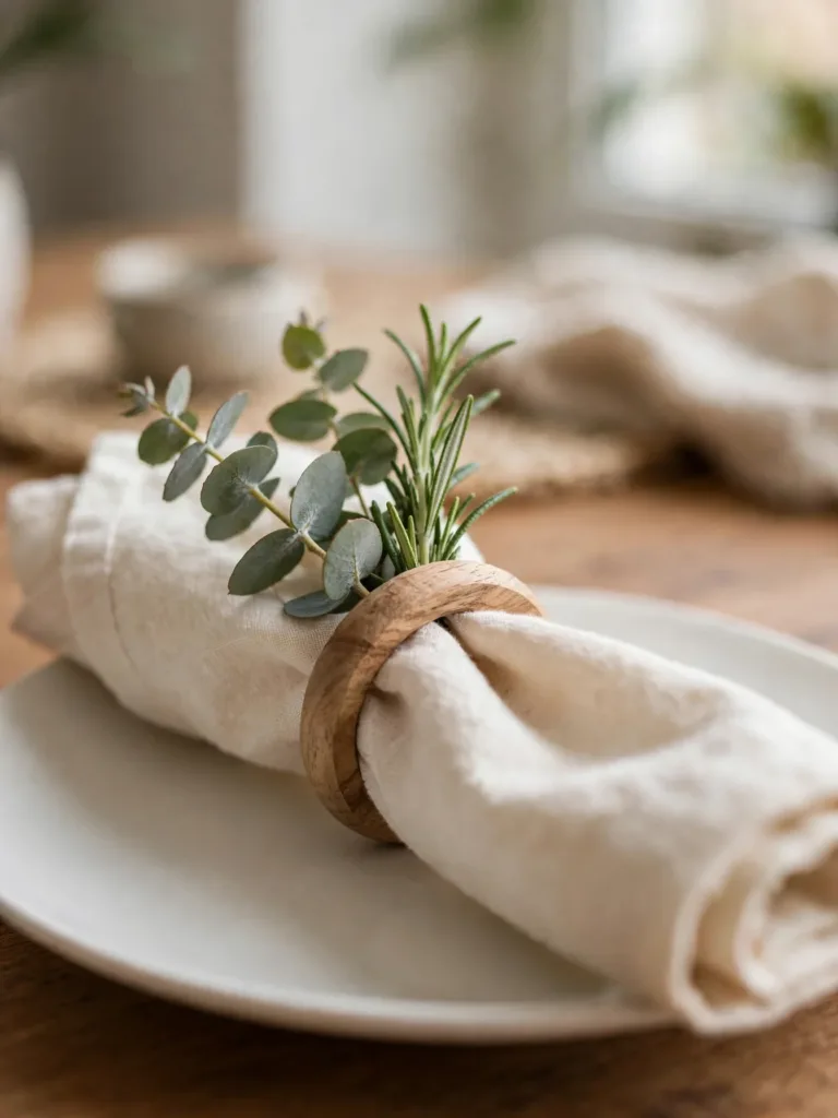 Fresh greenery tucked into simple napkin rings on a Thanksgiving table