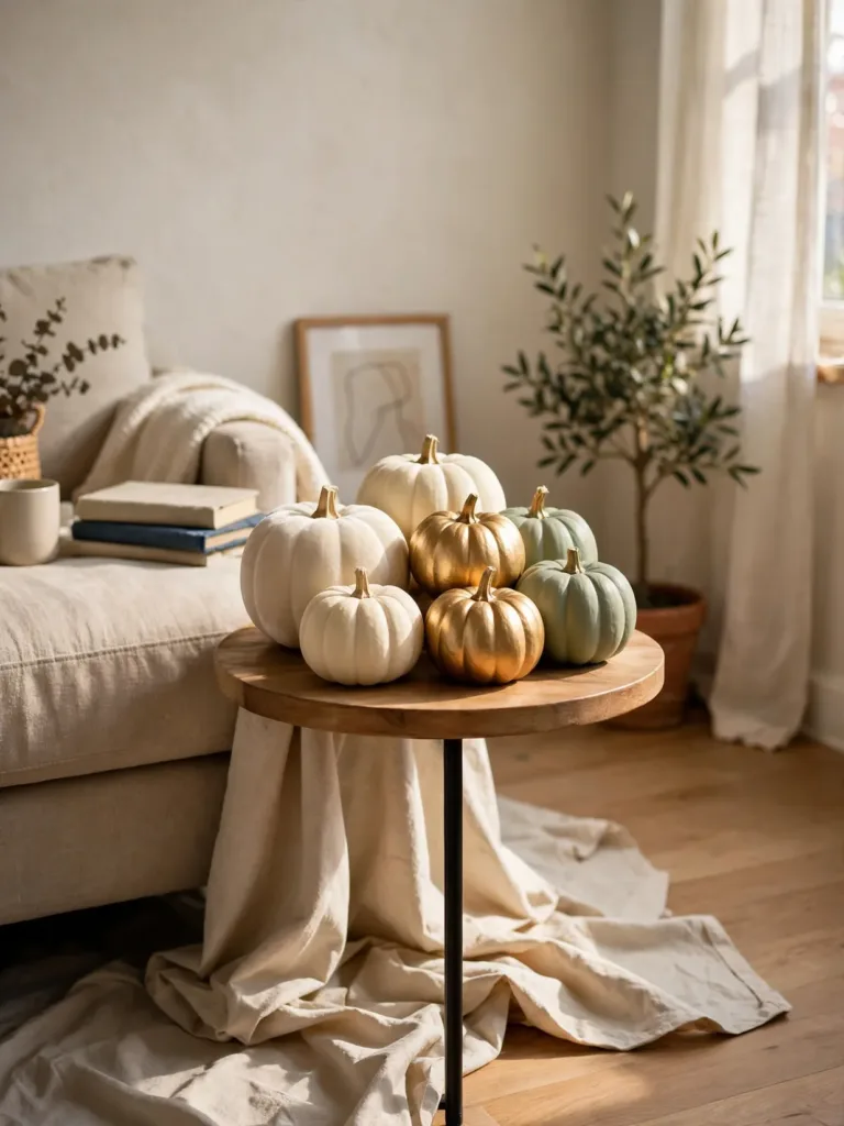 Spray-painted pumpkins in cream and gold on a small Thanksgiving table