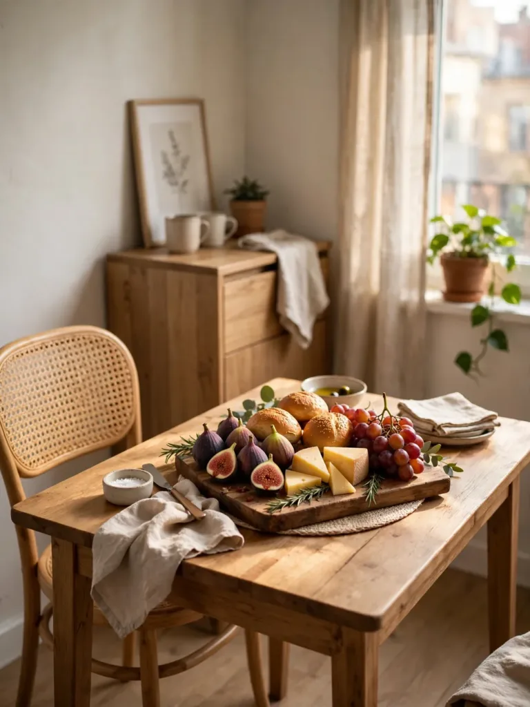 Edible Thanksgiving centerpiece of bread, figs, and grapes guests can eat