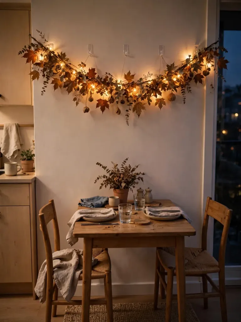 Dried leaf garland hung on the wall above a small Thanksgiving dining table