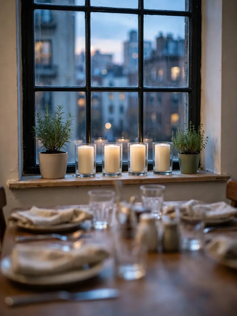 Window sill styled with pillar candles and potted herbs for Thanksgiving