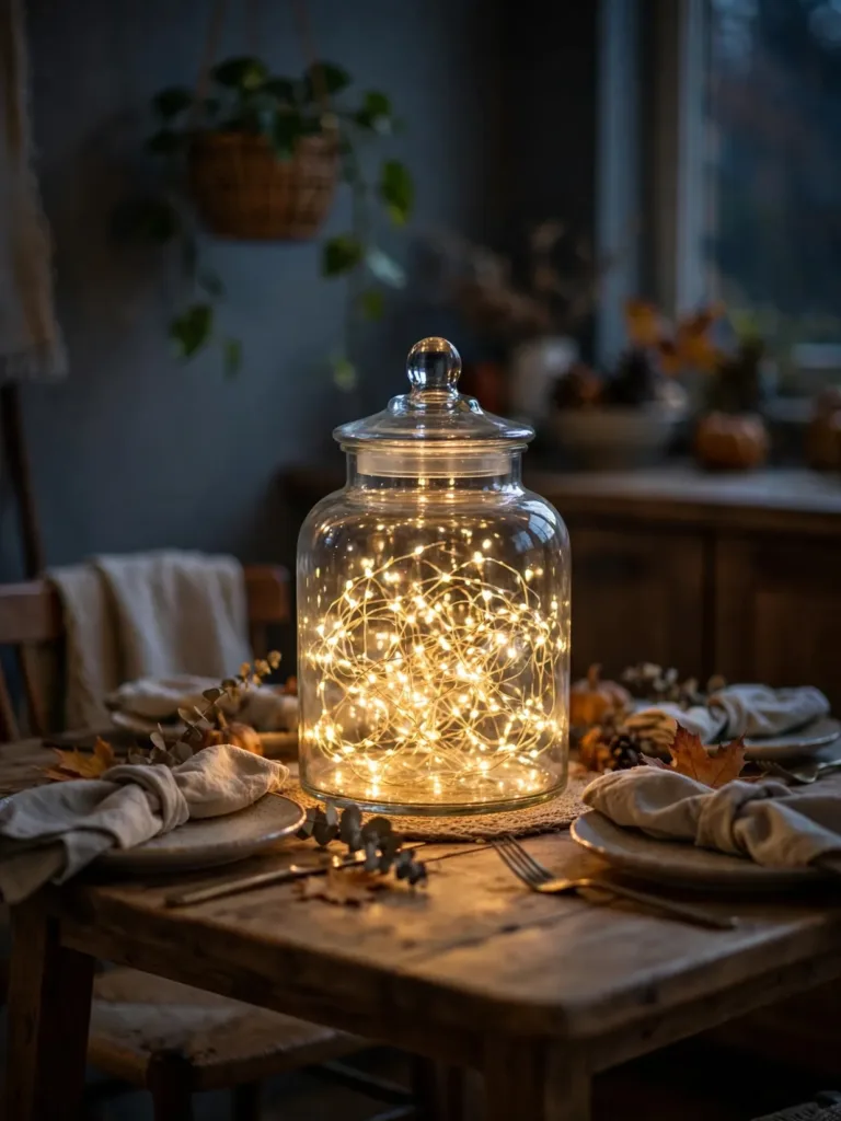 Warm fairy lights glowing inside a glass jar as a Thanksgiving centerpiece