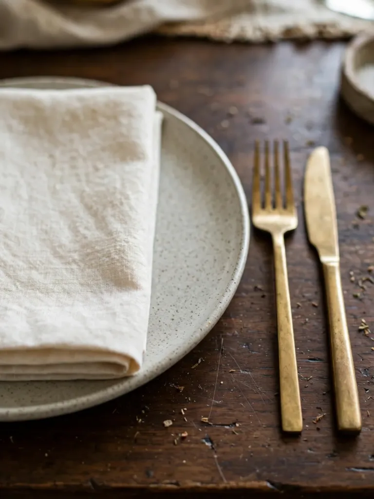 Cream linen napkins folded flat on stoneware plates for Thanksgiving
