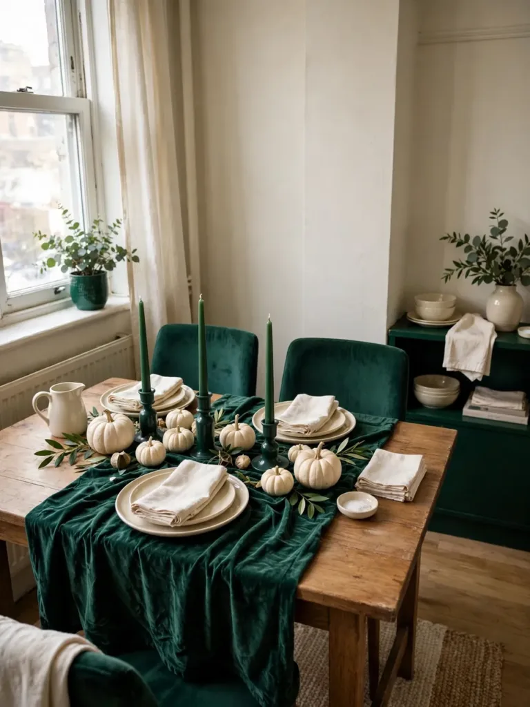 Thanksgiving table in a two-color palette of cream and deep green