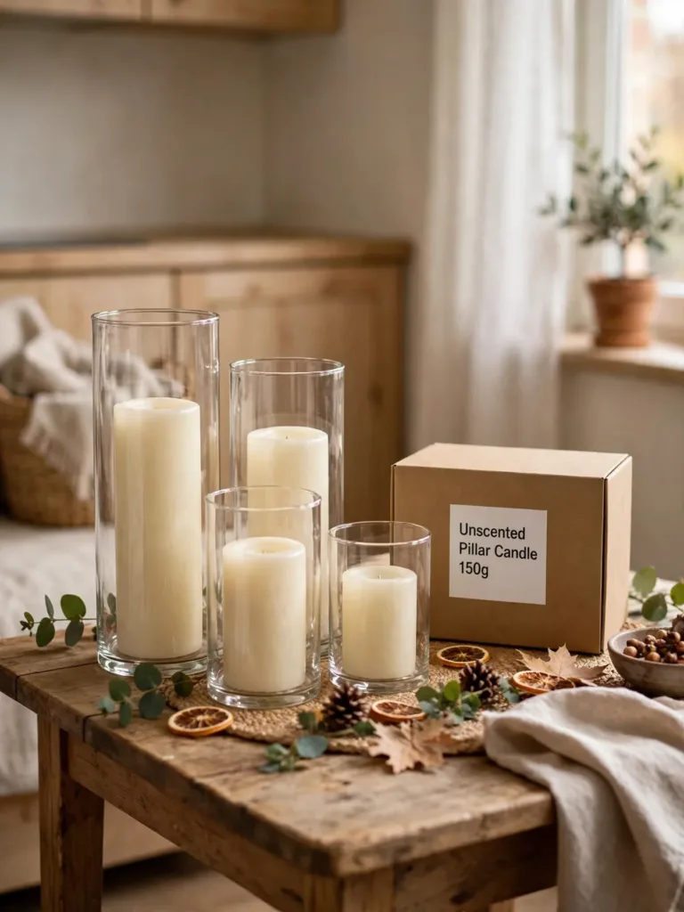 Unscented pillar candles in glass holders on a small Thanksgiving table