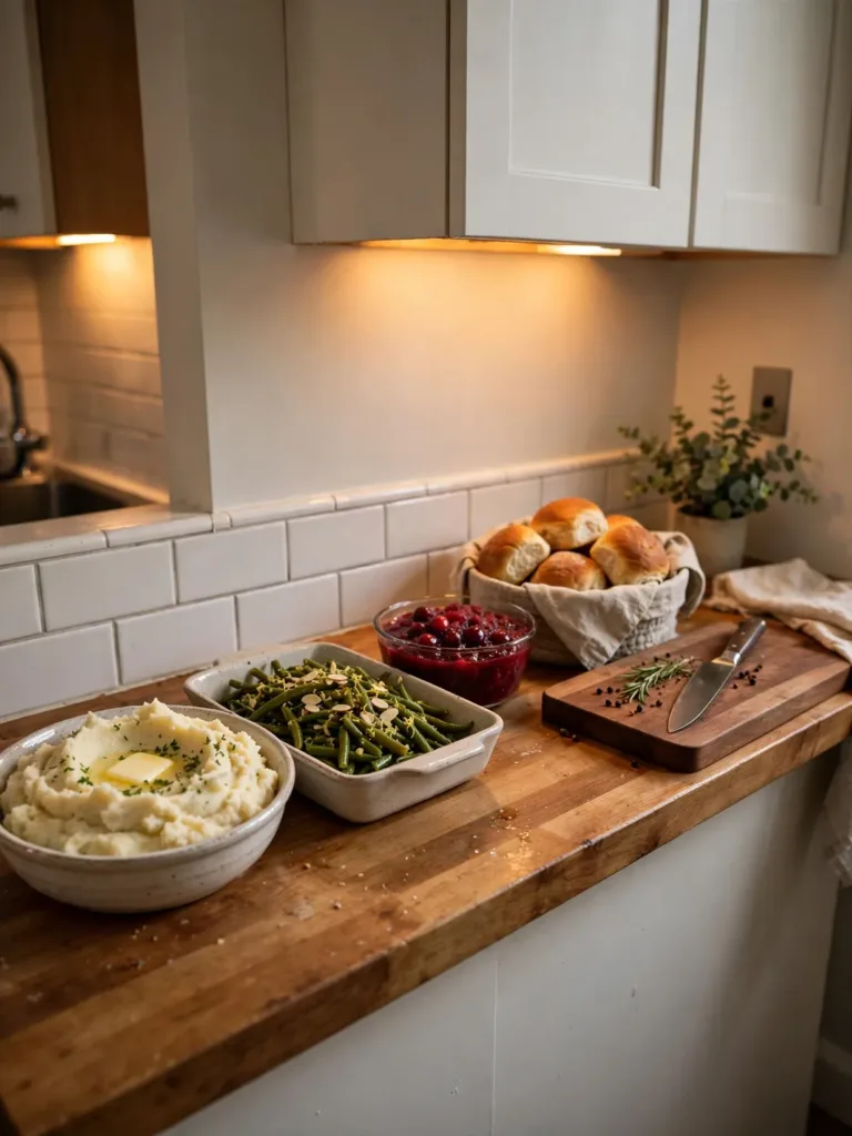 Thanksgiving dishes served family style from a small kitchen counter