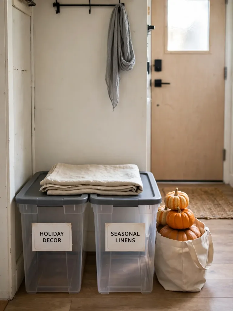 Labeled storage bins ready for a quick Thanksgiving decor teardown