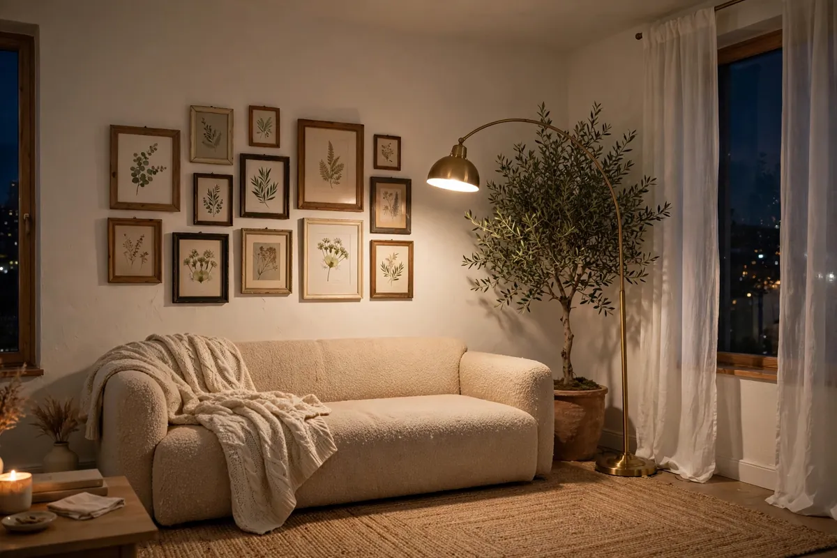 vibey apartment living room aesthetic with warm layered lighting, boucle sofa, arc lamp, and gallery wall in a small apartment