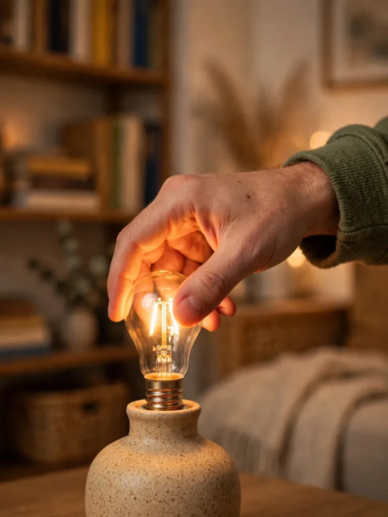 hand screwing a warm 2700K LED bulb into a small table lamp in a cozy living room