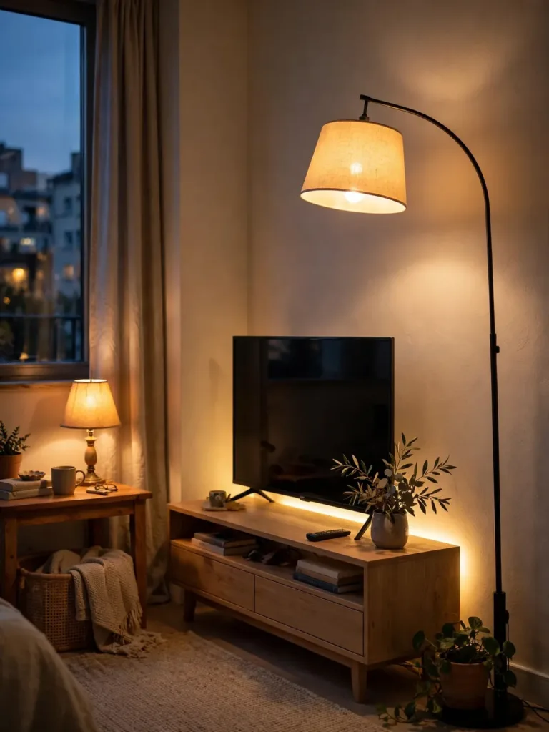 small living room corner with arc floor lamp, table lamp, and LED strip glow behind the TV console