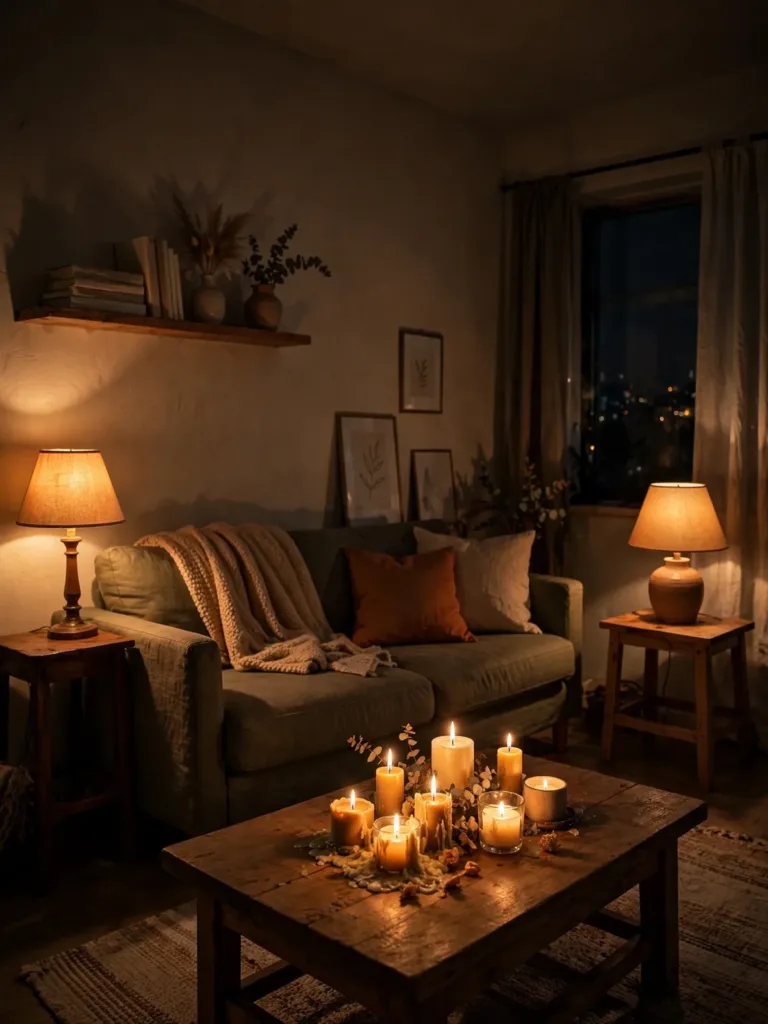 moody small living room at night lit only by table lamps and candles with the ceiling light off