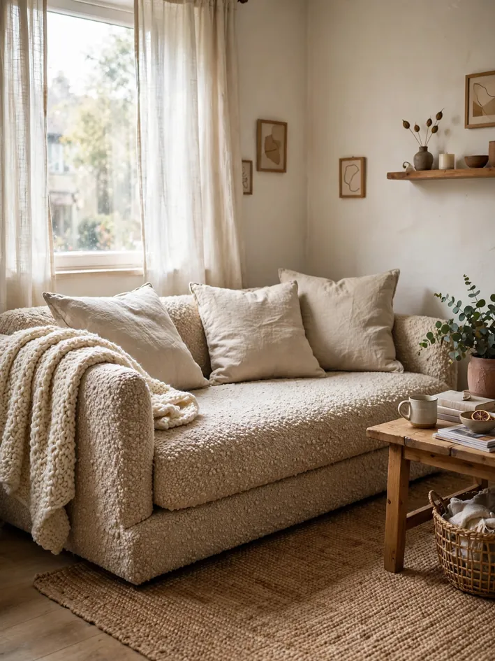 low-profile oat boucle sofa with chunky knit throw and linen cushions in a small apartment living room