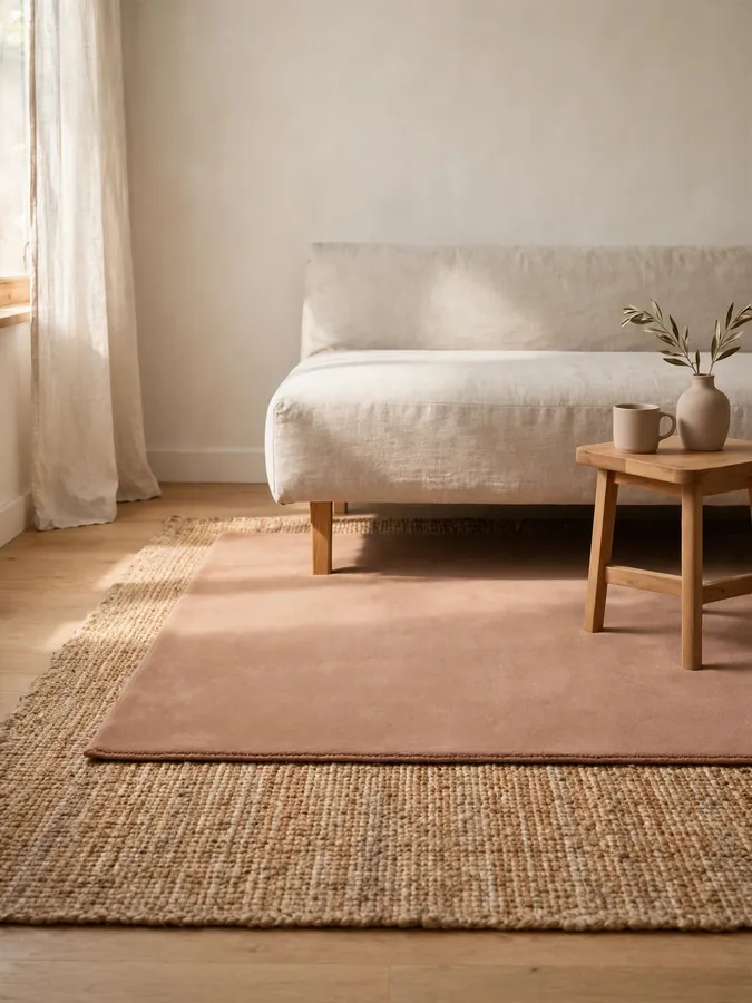 seating area with layered jute and clay rugs and sofa legs on the rug in a small apartment