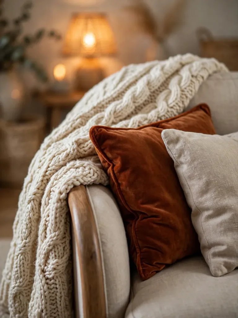 close-up of a chunky knit throw draped over a sofa arm beside velvet cushions