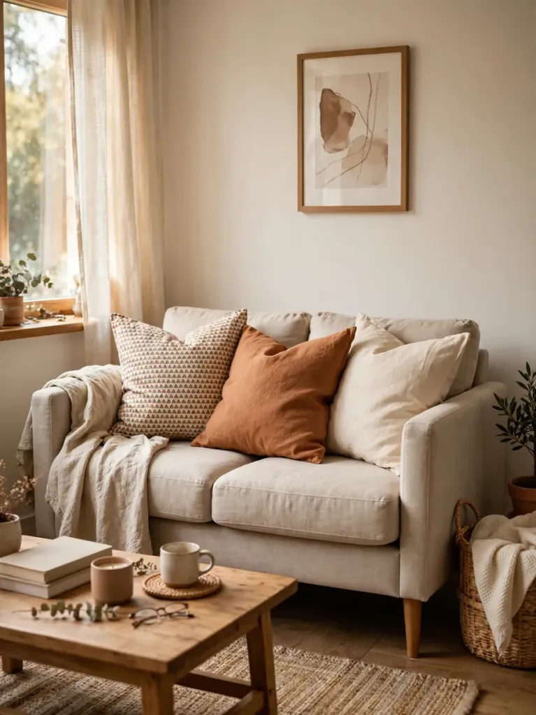 small sofa styled with three mismatched pillow covers, one patterned and two solid