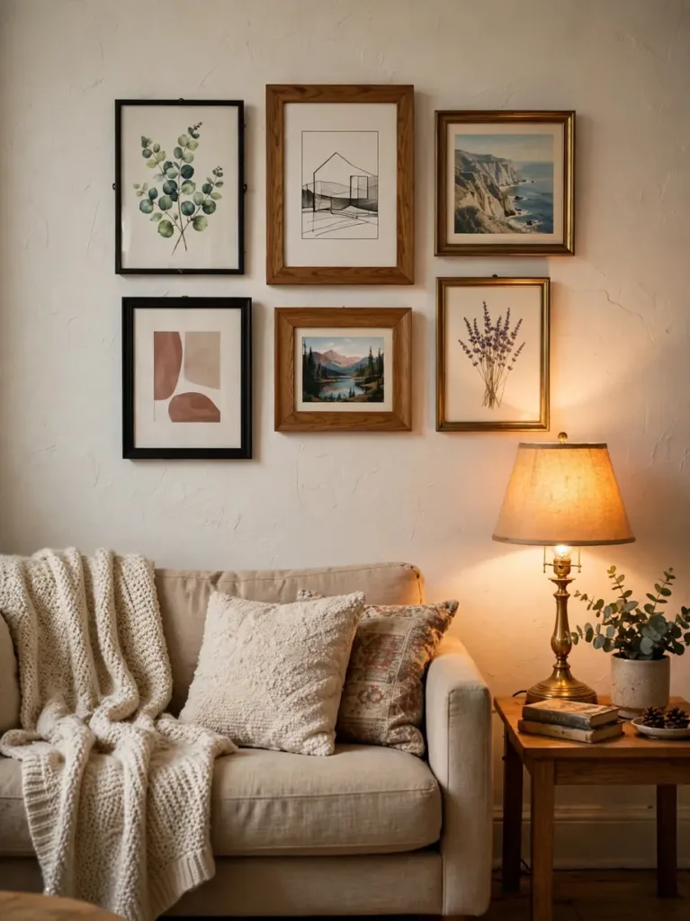 gallery wall of thrifted mixed frames hung above a small sofa in a warm living room