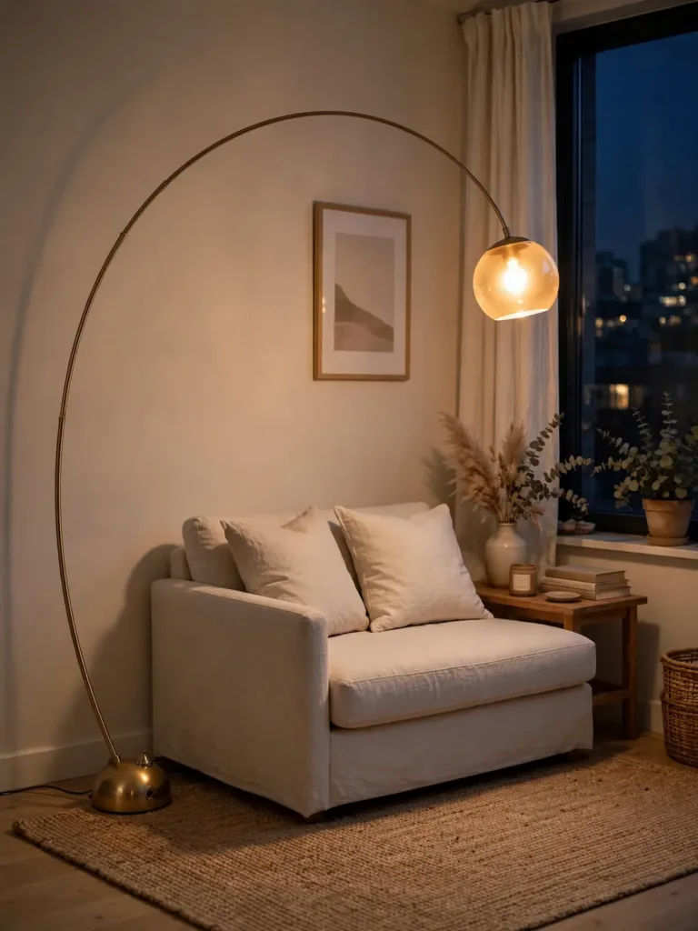 brass arc floor lamp sweeping over a small sofa in a cozy apartment living room